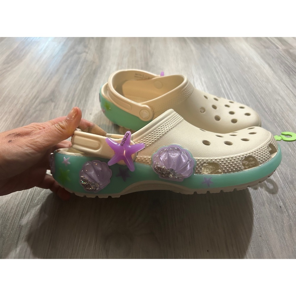 Crocs Womens Classic Sea Sparkle Shaker Clogs Croslite 8 Bone Teal Purple Shells